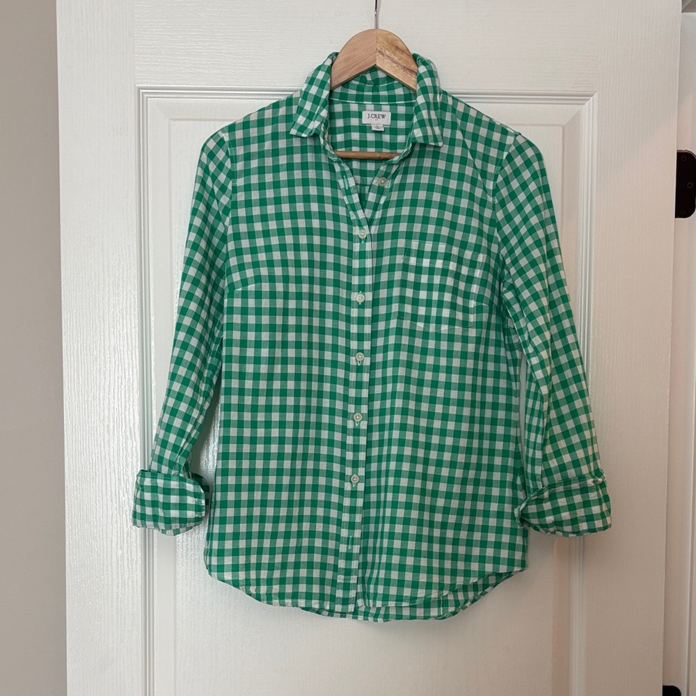 J. Crew Green and White Gingham Button-Down Shirt